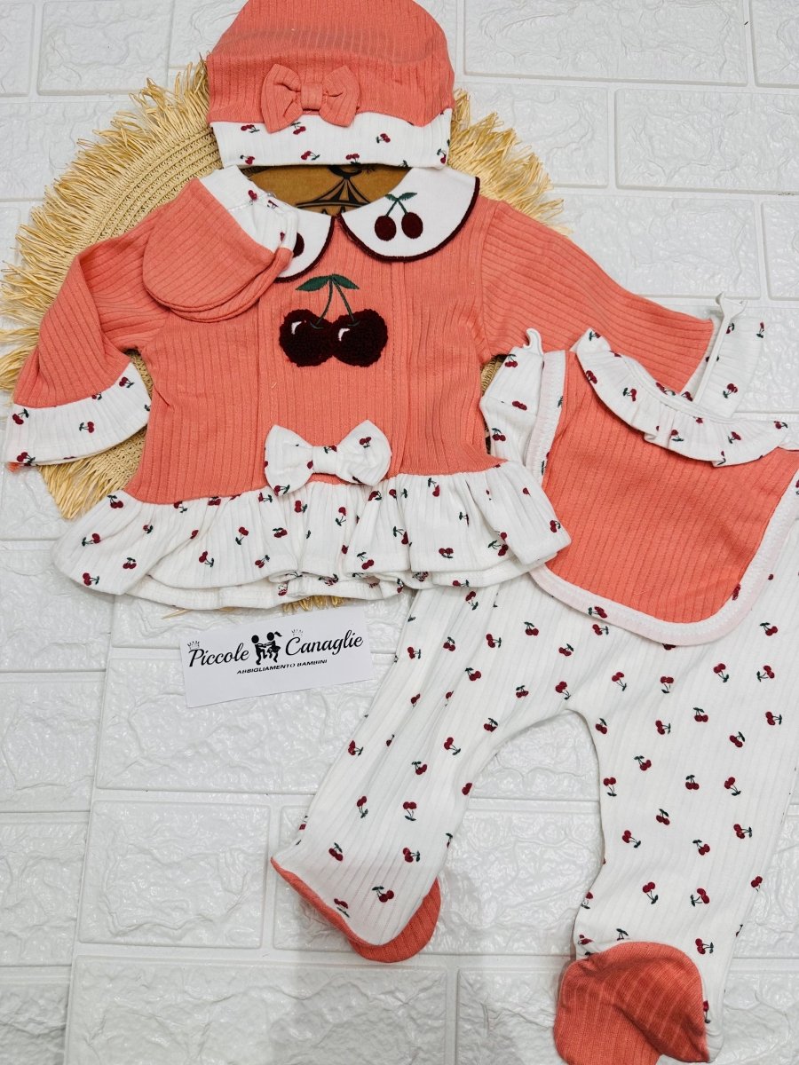 Tutina Completo Cotone Ciliege Salmone Con Accessori - Piccole Canaglie - PC26878