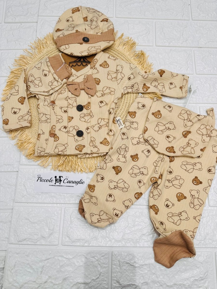 Tutina Completo Cotone Orsetti Beige Con Accessori - Piccole Canaglie - PC26883