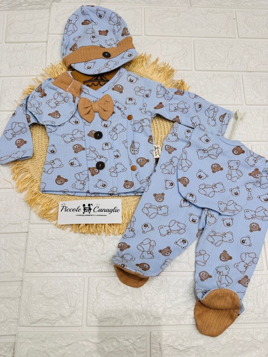 Tutina Completo Cotone Orsetti Celeste Con Accessori - Piccole Canaglie - PC26884