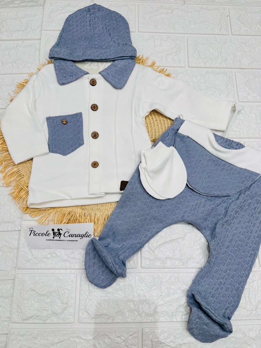 Tutina Completo Cotone Taschino Celeste Con Accessori - Piccole Canaglie - PC26880