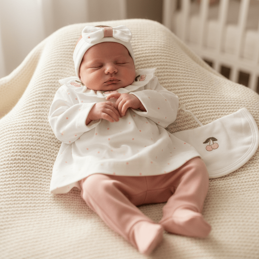 Tutina Completo In Cotone Ciliege Con Pois Rosa - Piccole Canaglie - PC26874